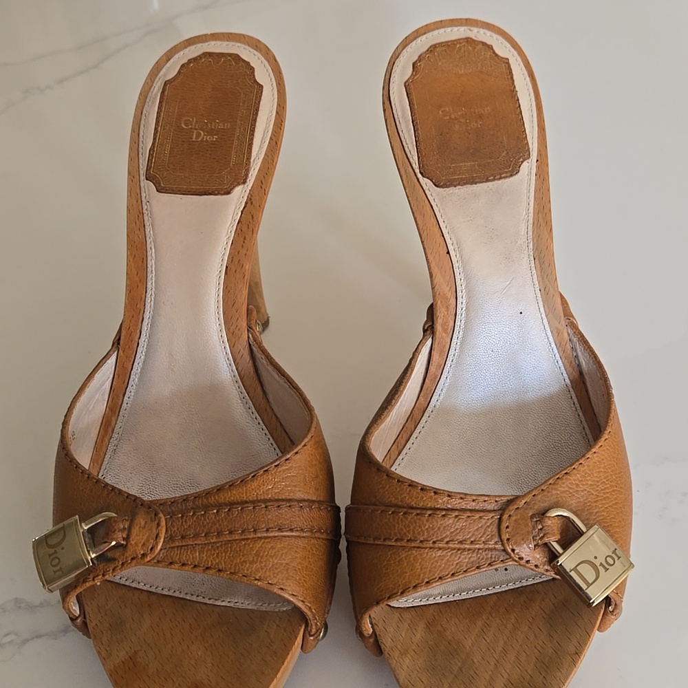 Dior Vintage  Luggage Color  Leather Open-Toe Mules With Dior Lock